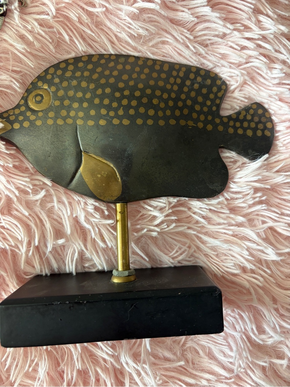 Vintage Painted Brass Fish on Wood Base
